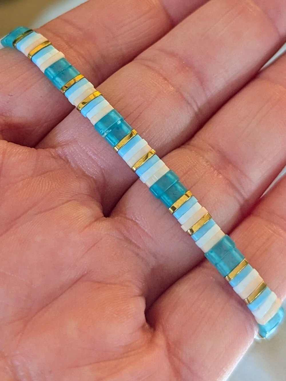 Turquoise & White Glass Tila Tile Stretch Bracelet